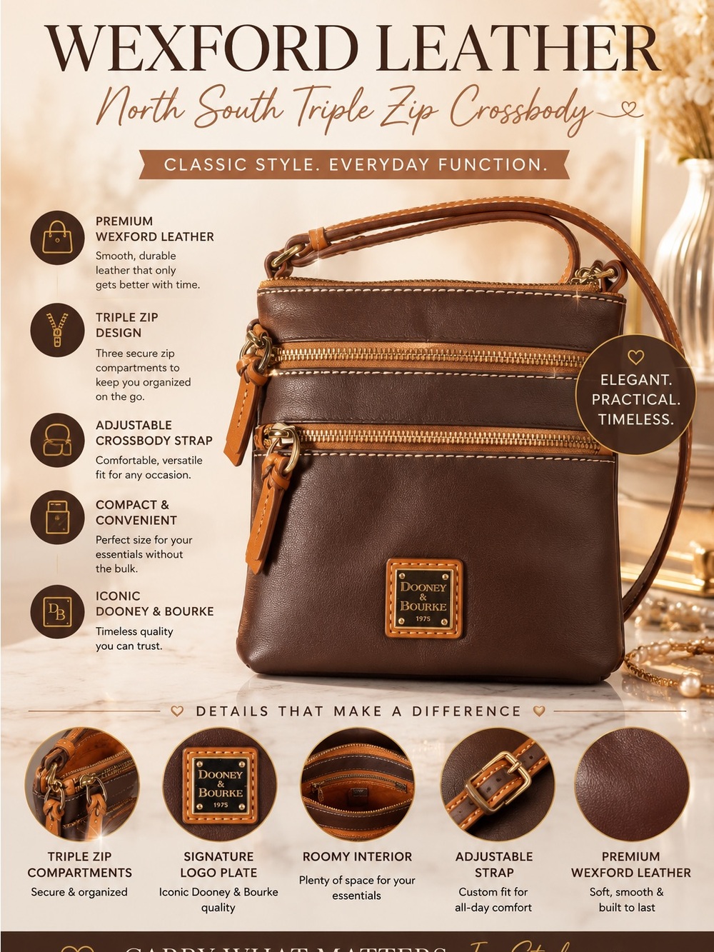 🤎 Dooney & Bourke Wexford Leather North South Triple Zip Crossbody – New